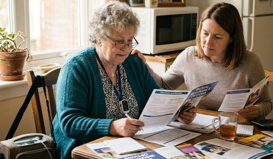 Senior woman with COPD and her daughter reviewing burial insurance options at home — RyCo Life Solutions