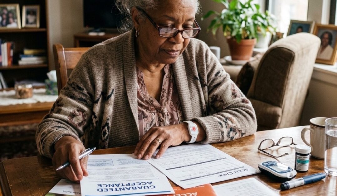Senior woman with diabetes reviewing burial insurance options at her kitchen table — RyCo Life Solutions