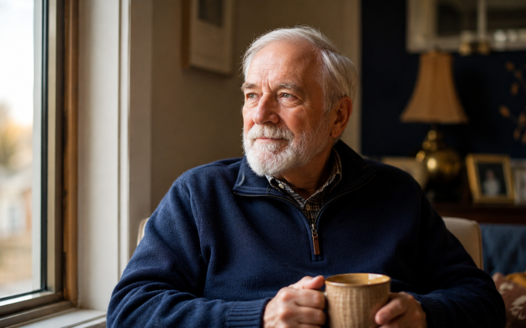 Older man sitting thoughtfully beside a sunlit window