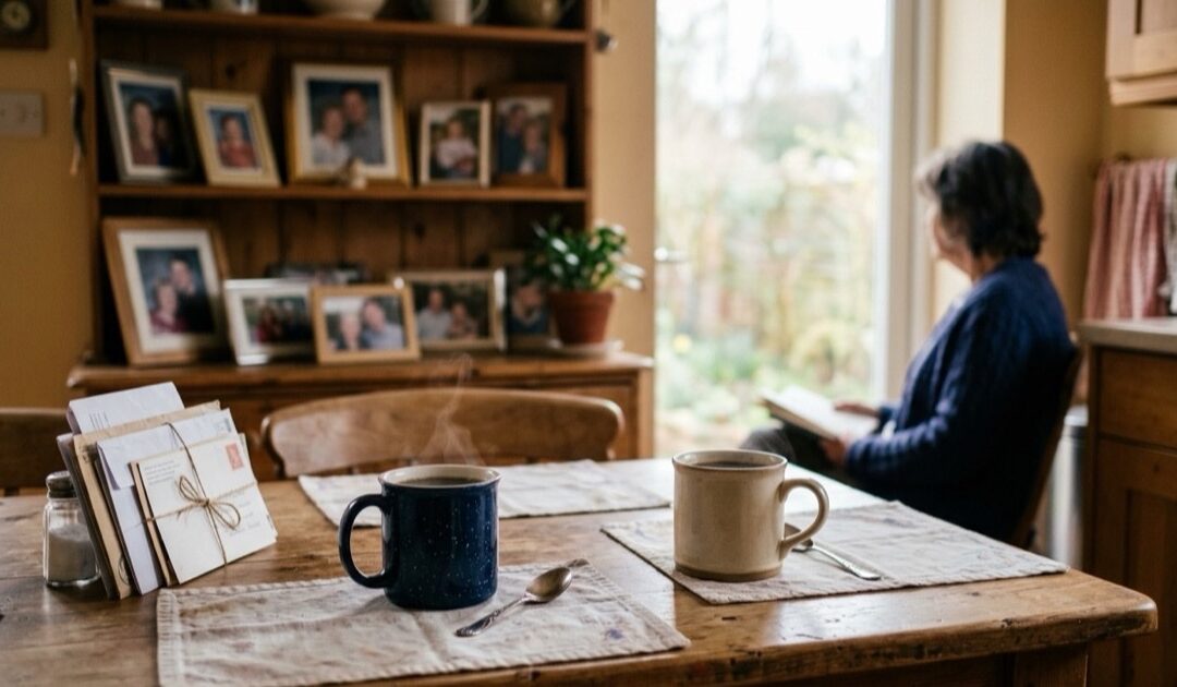 Kitchen table set for two with coffee mugs and family photos in morning light — RyCo Life Solutions