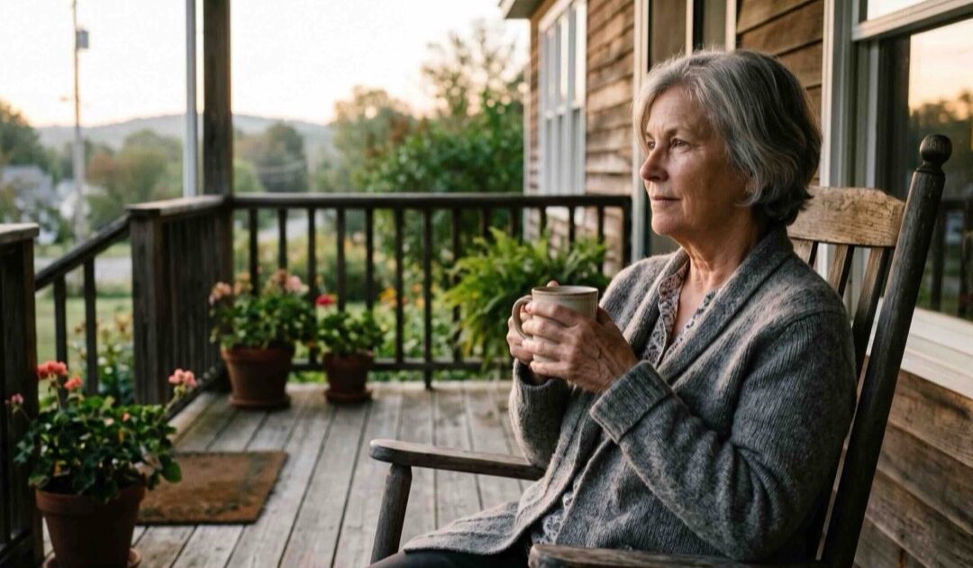 Senior woman on her front porch with coffee weighing burial insurance options after being declined — RyCo Life Solutions