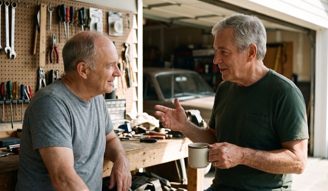 Two senior men talking at a workbench in an open home garage — RyCo Life Solutions