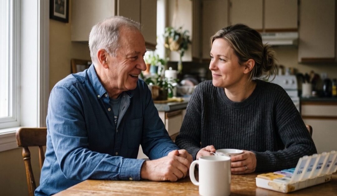 Older man and his adult daughter talking at a kitchen table in morning light — RyCo Life Solutions