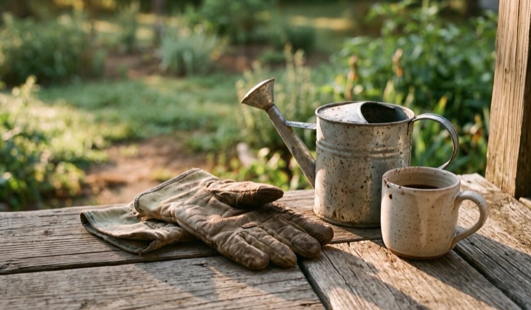 Garden gloves, watering can, and a coffee mug on a weathered back porch step in morning light — RyCo Life Solutions