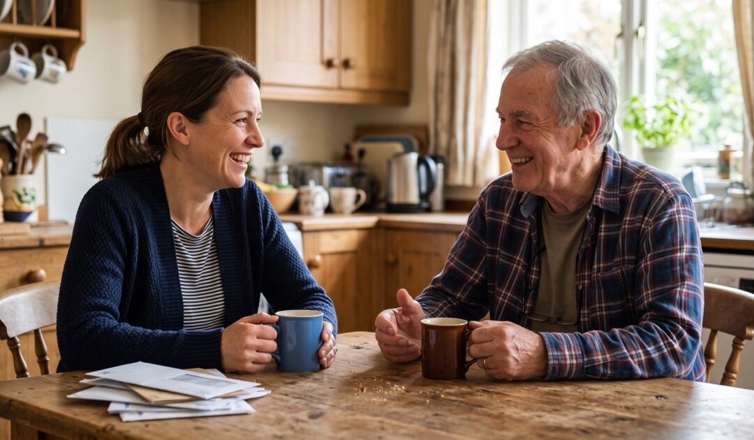 Adult daughter and senior father talking over life insurance mail at the kitchen table