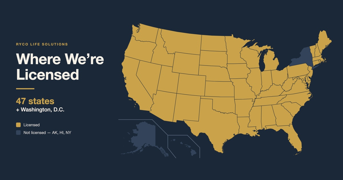 Map of the 47 states and Washington, D.C. where RyCo Life Solutions is licensed; Alaska, Hawaii, and New York are shaded as not licensed