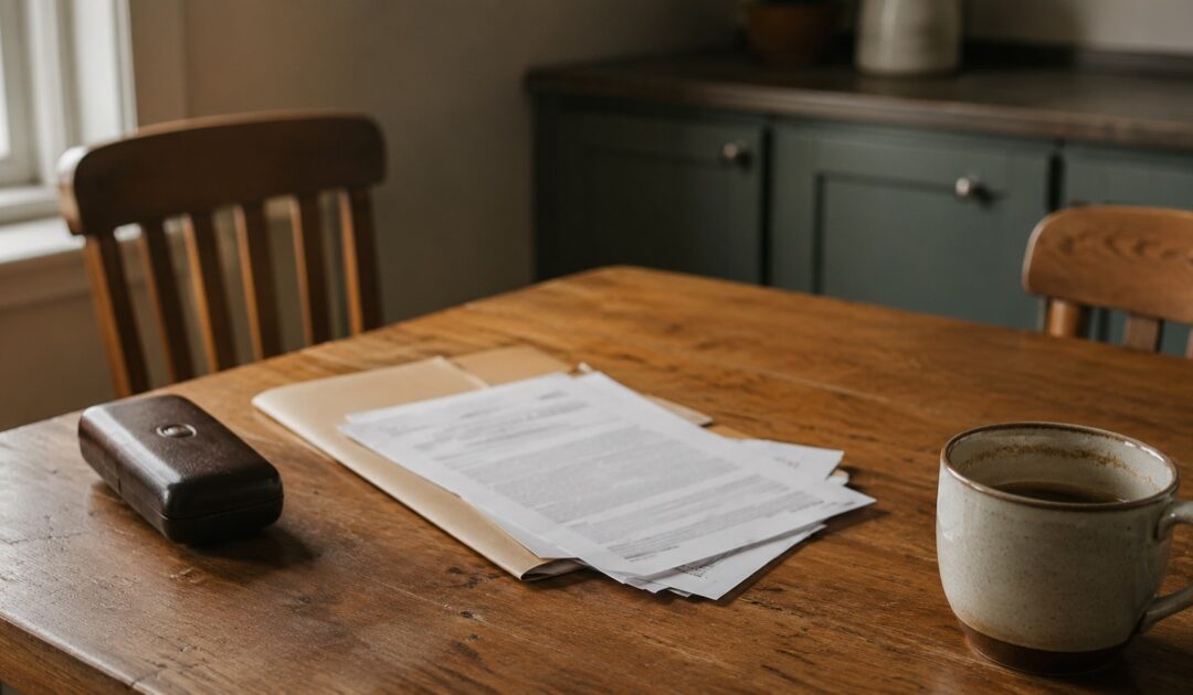 Insurance proposal and reading glasses on a kitchen table in morning light — RyCo Life Solutions