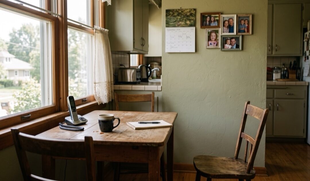 Kitchen table with coffee and a phone in morning light while weighing Physicians Mutual life insurance options — RyCo Life Solutions